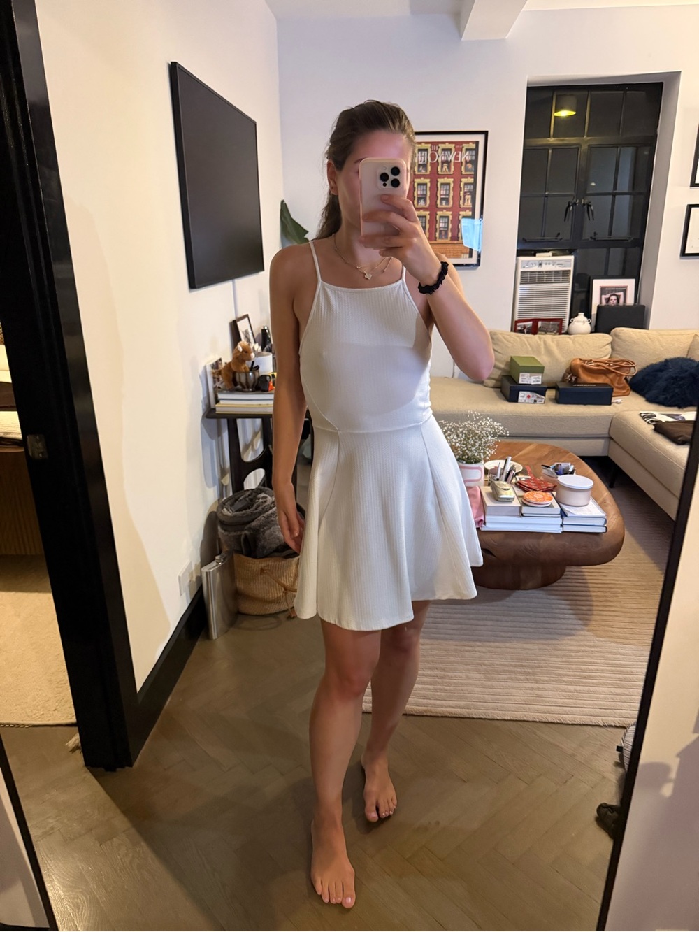 Divided White Ribbed Strappy Fit-and-Flare Mini Dress